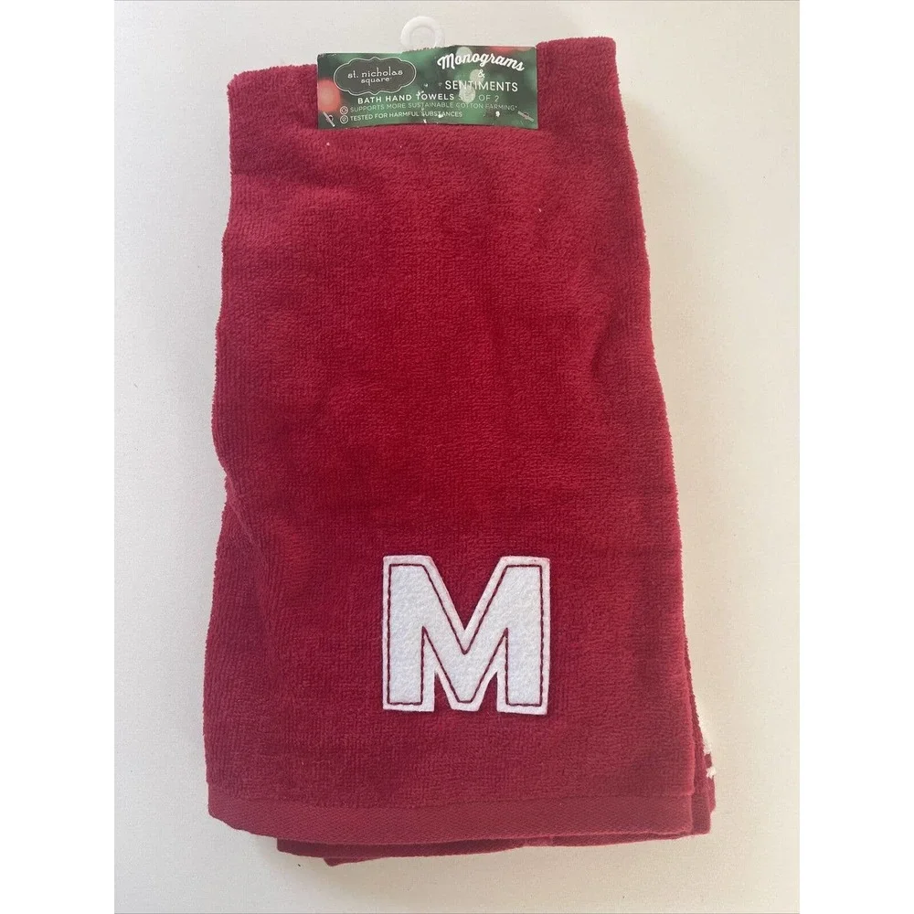 St. Nicholas Square Monogram Hand Towel 2-pack Set (M) Red And Check NEW